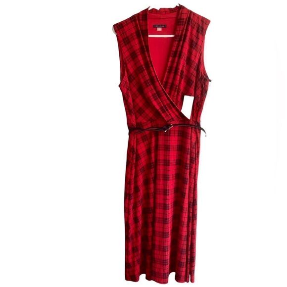 NWT Tommy Hilfiger Sleeveless V-Neck Red Dress With Black Lines and Black Belt - Picture 2 of 6